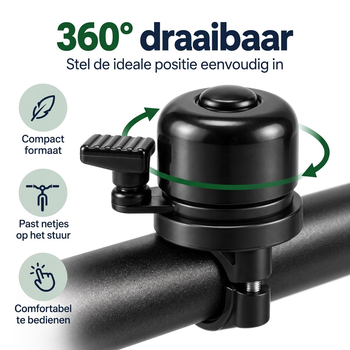 Fibi is 360 graden draaibaar en past netjes op het stuur